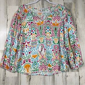 Calligraphie‎ Linen Blend Blouse Large Abstract Print Balloon 3/4 Sleeve Tassels